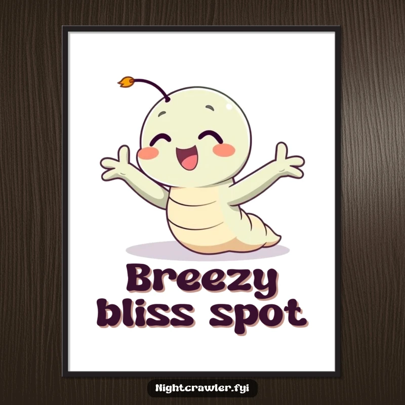 Funny digital art print of a happy night crawler with arms outstretched, enjoying a gentle breeze, ready for instant download.