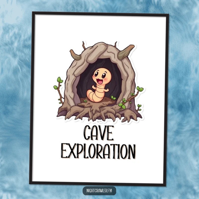 Funny digital art print of a little worm character excitedly exploring a miniature cave made of roots, bringing whimsy to your walls.