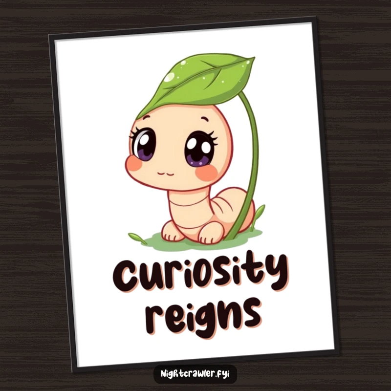 Funny digital art print of a cute worm character peeking from a dewy leaf with wide, curious eyes, ready to be framed for funny decor.