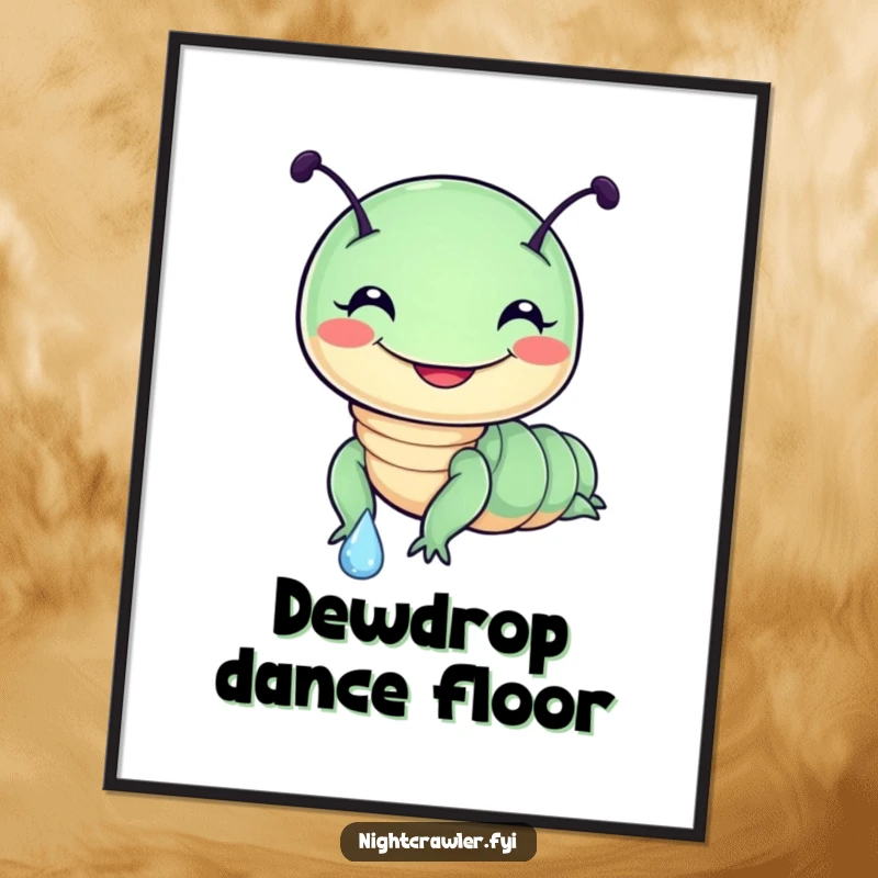 Funny digital art print of a cute, round night crawler character with a cheerful grin, sliding down a dewdrop, full of playful energy.