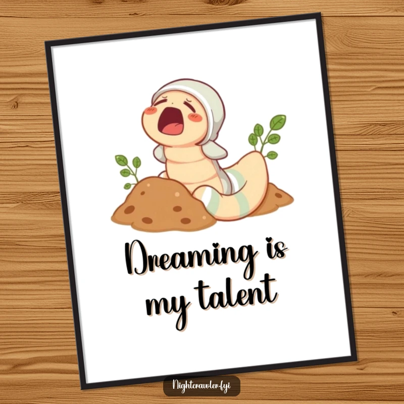 Funny Earthworm Pajama Digital Print: Sleepy worm in pajamas peeking from soil with a yawn, instantly downloadable art.