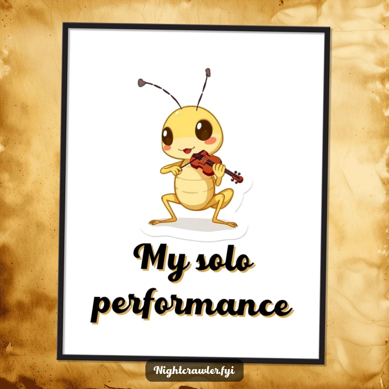 Funny cricket digital art print showing a cute character playing a miniature violin with spirited gusto.