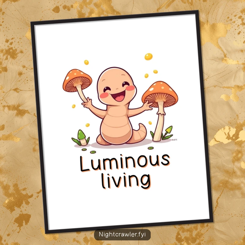 Funny digital art print of a happy earthworm juggling bright glowing mushrooms, perfect for adding instant whimsical charm and humor to any screen.