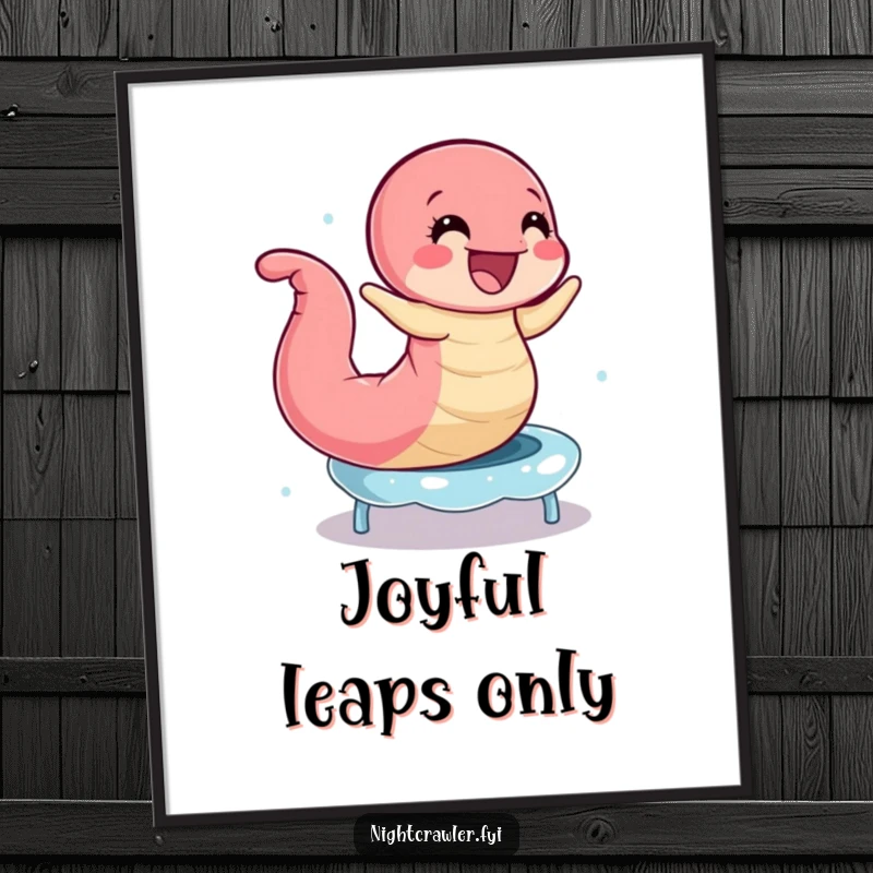 Funny Earthworm Trampoline Digital Print: Happy worm energetically bouncing on a dewdrops like a trampoline, downloadable art.