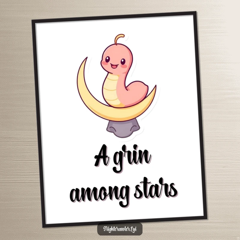 Funny digital art of a grinning kawaii worm balancing on a crescent moon, capturing cute and humorous celestial vibes.