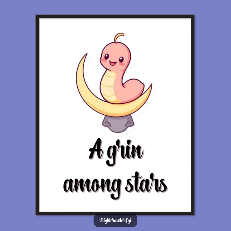 Funny Kawaii Worm Digital Art: Grinning on Moon