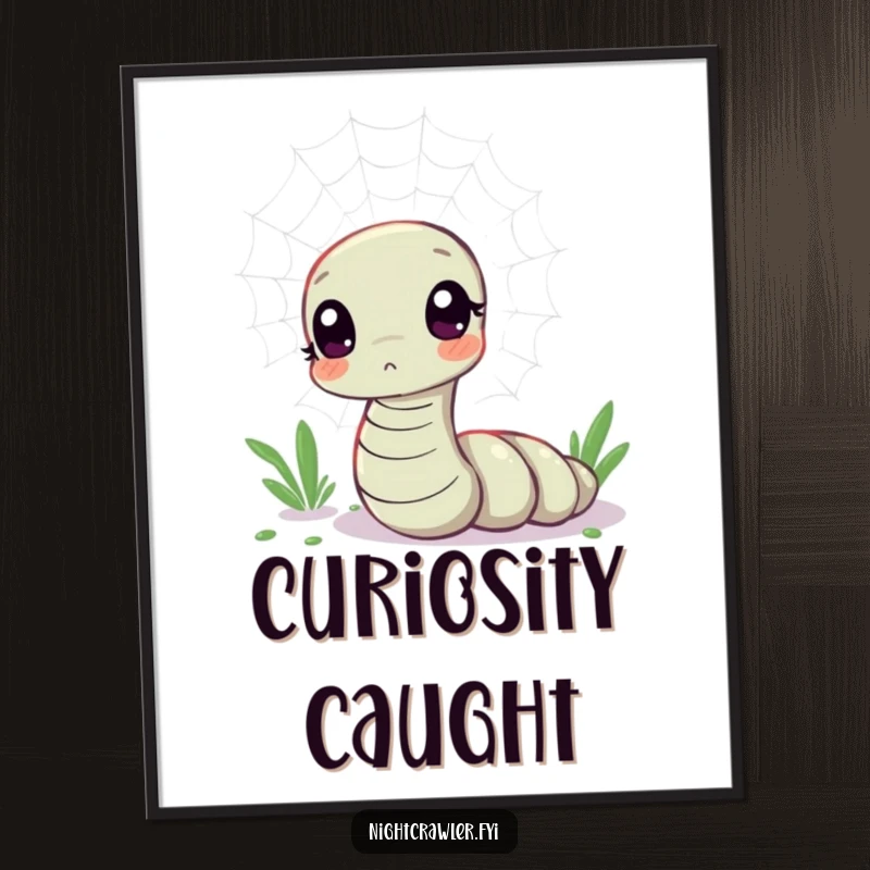 Funny digital art print of a kawaii worm character looking curious at a shimmering spider web, bringing whimsical charm to walls.