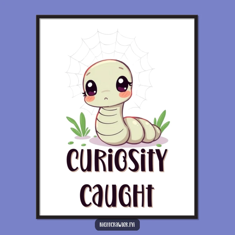 Funny Kawaii Worm Web Curiosity Digital Art Print - Whimsical Worm's Shimmer