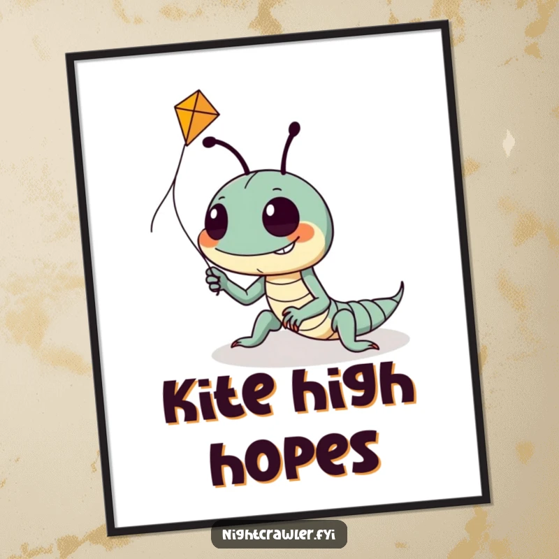 Funny digital art print of a goofy night crawler with a huge grin, attempting to fly a tiny kite, full of hopeful effort.