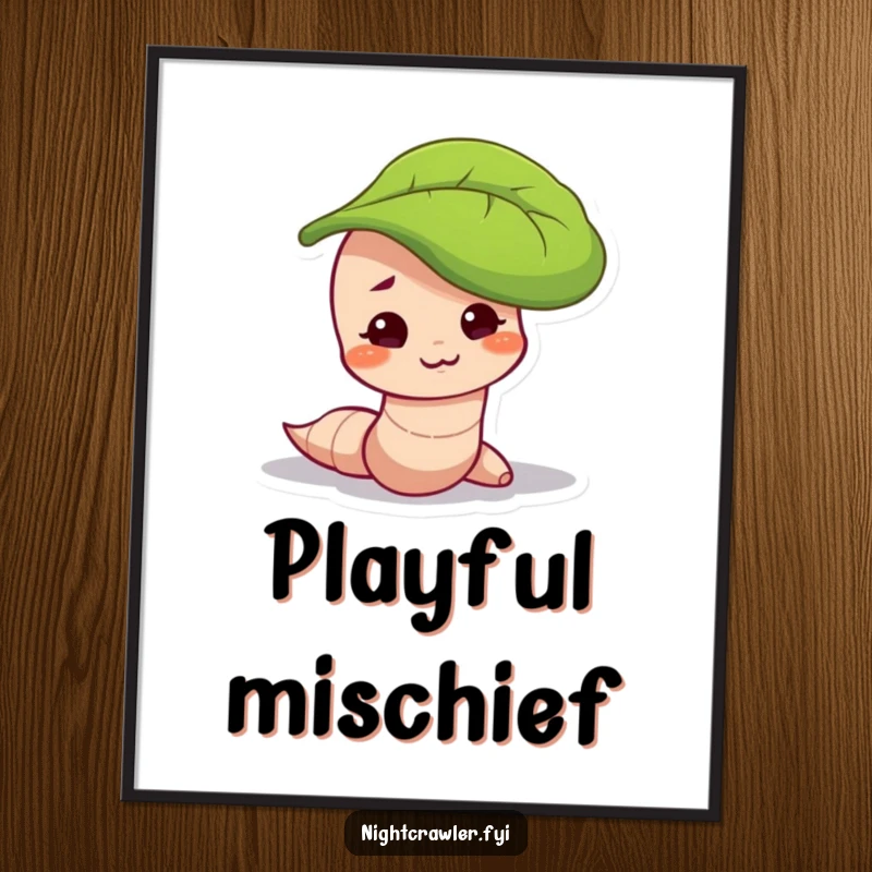 Funny digital art print of a worm character with a mischievous smirk, peeking out from under a leaf, suggesting mischief.