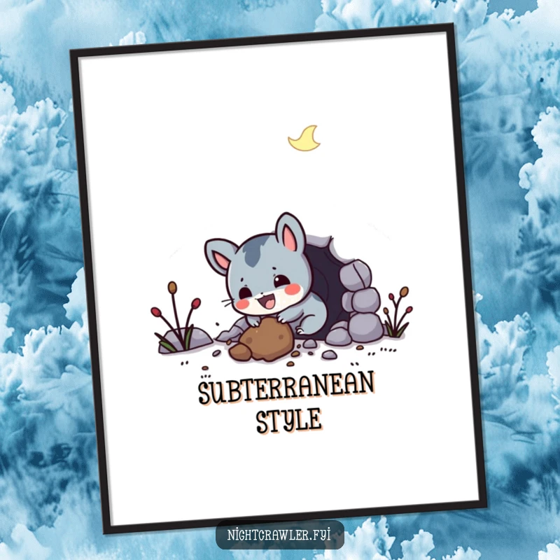 Funny digital art print of a small, ecstatic night creature digging a tunnel with pure glee, perfect for adding vibrant, humorous decor.
