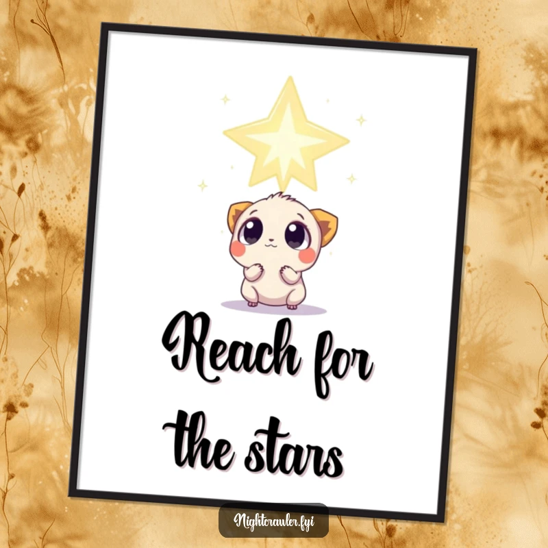 Funny Digital Art Print: A small creature with wide, curious eyes gazes at a colossal, twinkling star, ideal for celestial decor.