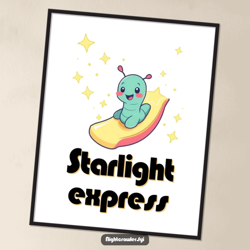 Funny smiling worm character zooming down a slide made of shimmering starlight, captured in high-resolution digital art.