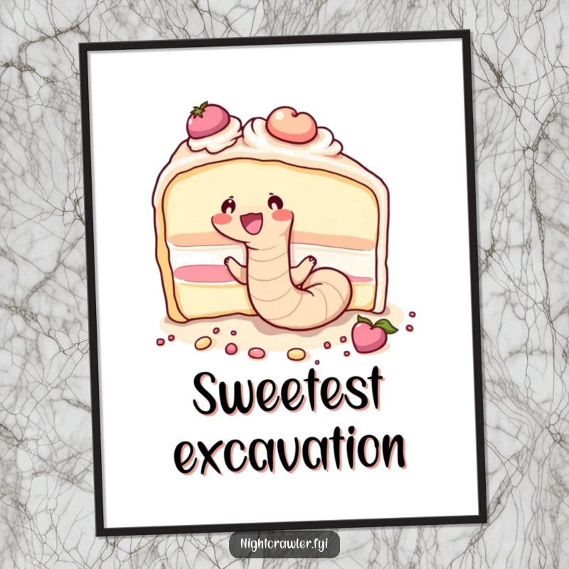 Funny cute earthworm joyfully tunneling through a massive slice of cake, captured in high-resolution digital art.