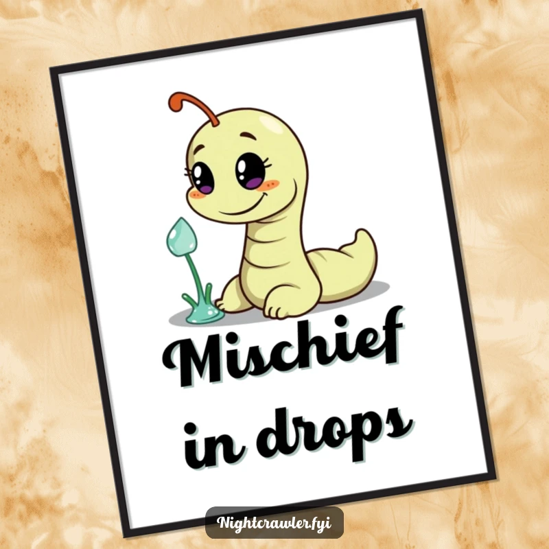 Funny digital art print of a wiggly worm with a mischievous smile, reaching for a glistening dewdrop, capturing playful cunning.