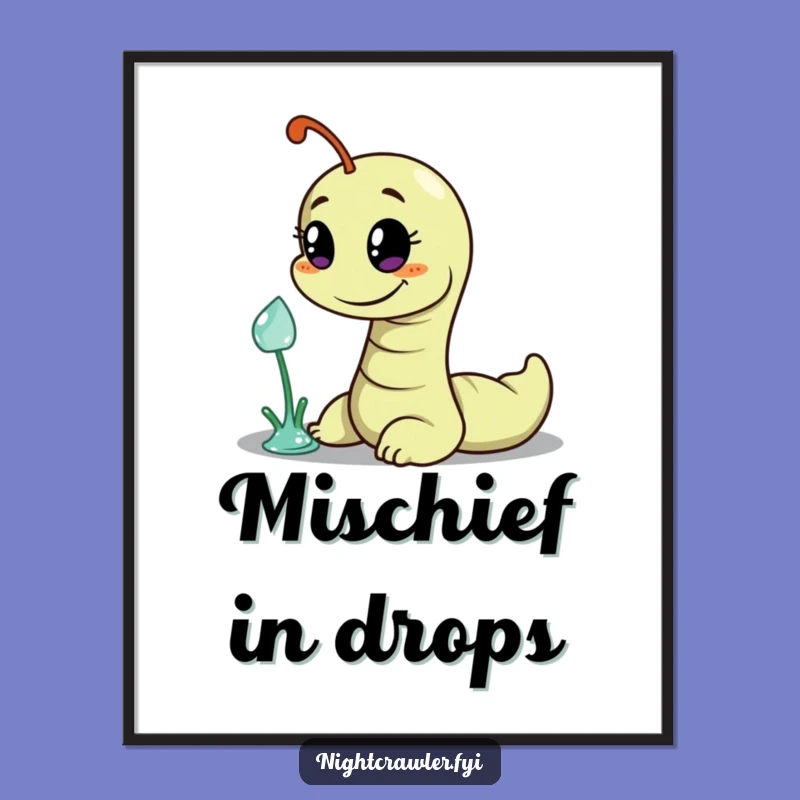 Funny Worm Dewdrop Heist Digital Art: Mischievous Worm Print