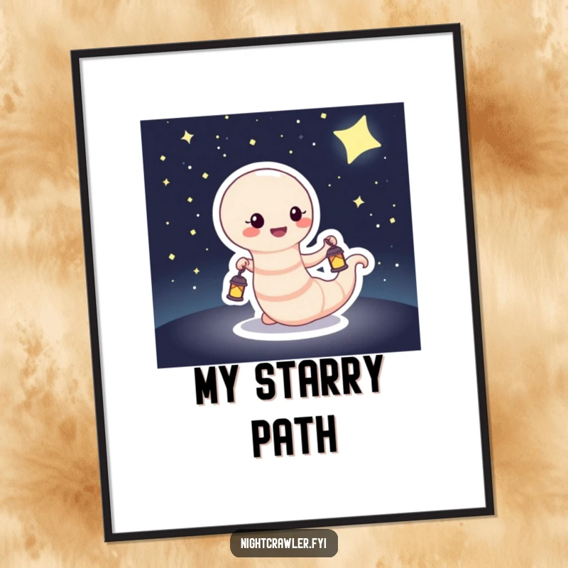 Funny Digital Art Print of a happy worm carrying a tiny lantern through a dark, starry landscape, ready for instant download.