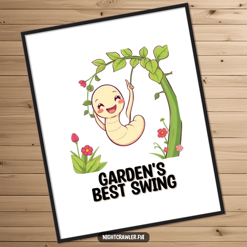 Funny digital art of a joyous worm character exuberantly swinging on a vine in a colorful garden setting.