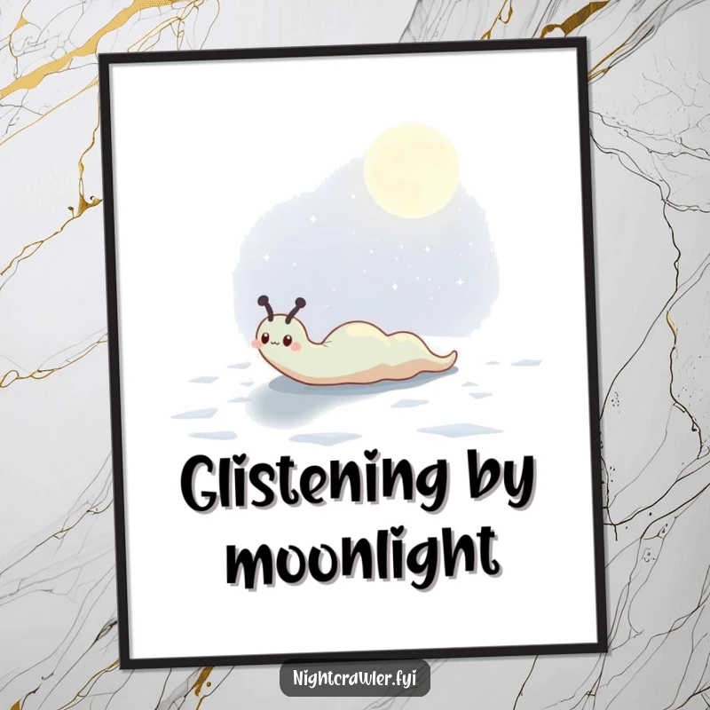 Funny digital art of a cute slug character leaving a shimmering trail across a moonlit surface, evoking peace and wonder.
