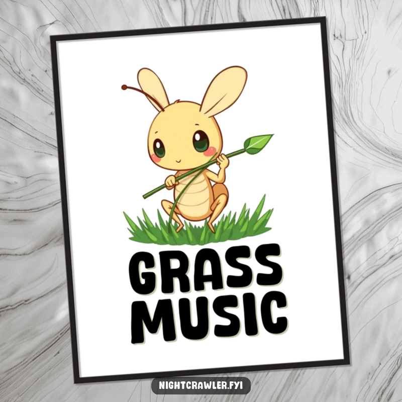 Funny Cricket Serenade Digital Print: A cute cricket character happily strums a blade of grass, whimsical and funny artwork.