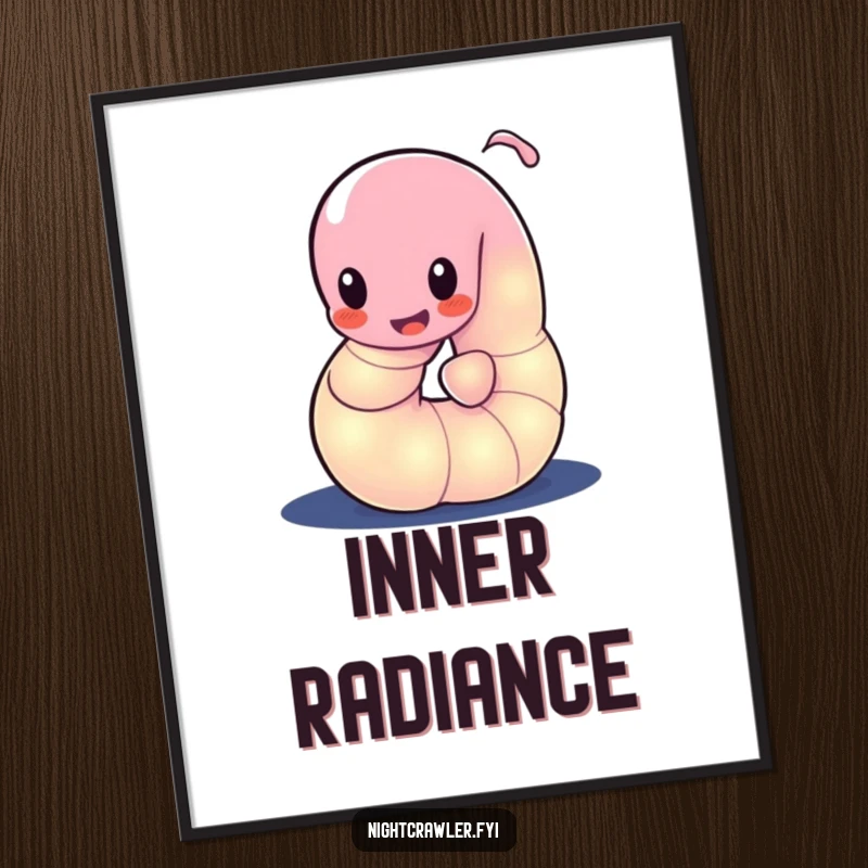 Funny digital art print of a glowing worm character playfully wiggling its body in the dark, creating a magical effect.