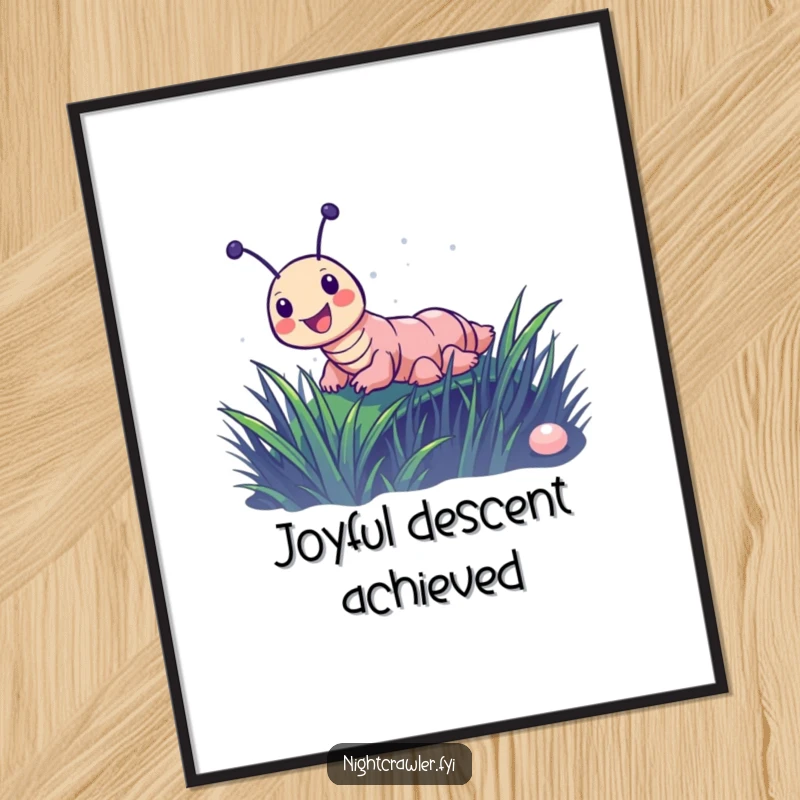 Funny digital art of a joyful night crawler character sliding down a dewy blade of grass, capturing a moment of pure bliss.