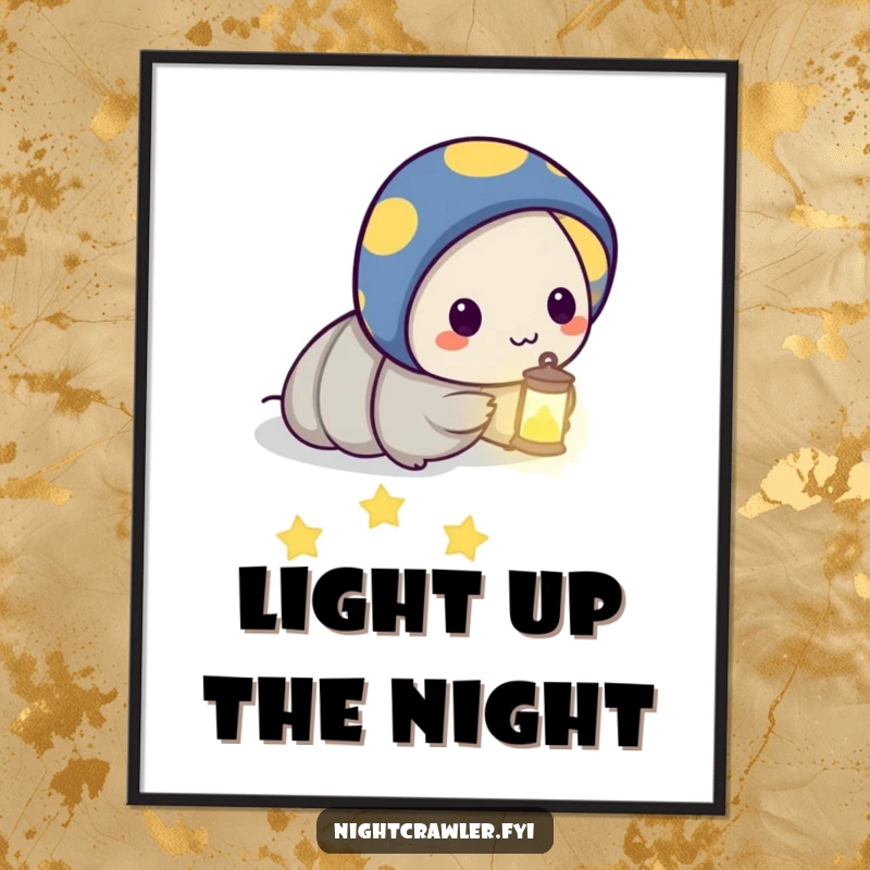Funny digital art print of a night crawler character holding a tiny lantern and leading a path of glowing stars, symbolizing hope.