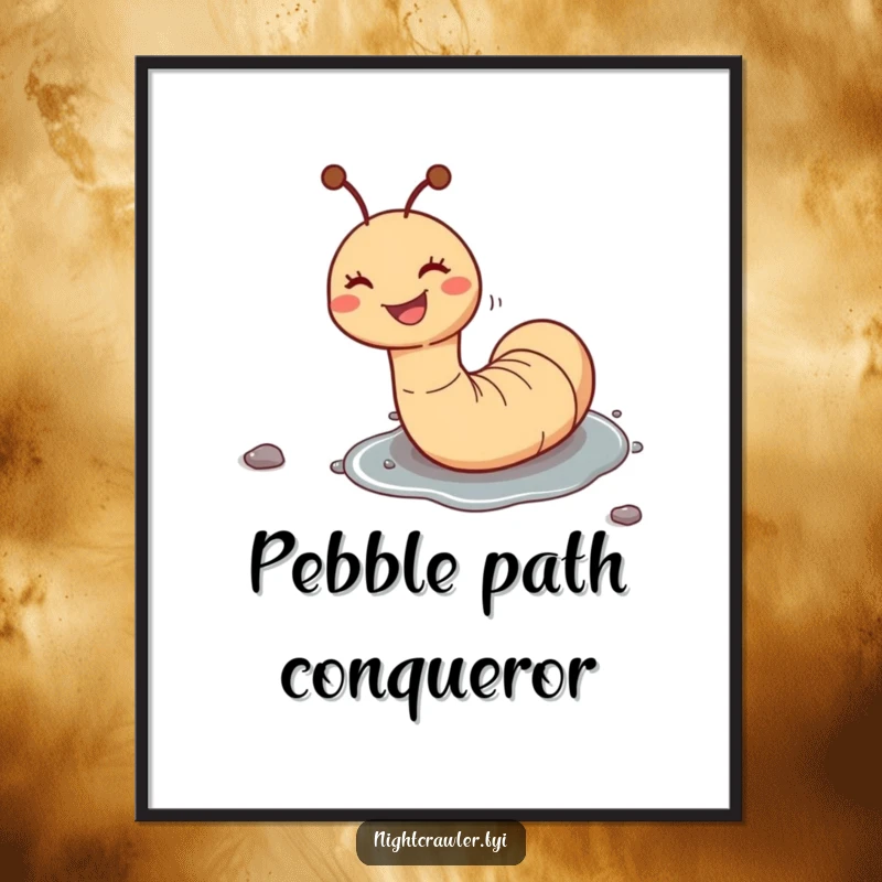 Funny digital art print of a gleeful worm character sliding down a wet pebble, radiating pure joy and whimsical charm.