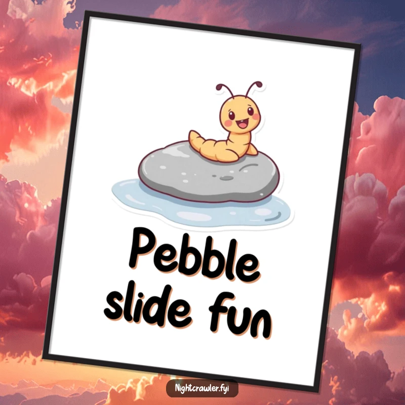 Funny digital art print of a tiny worm character joyfully sliding down a smooth, wet pebble, bringing whimsical cheer to walls.