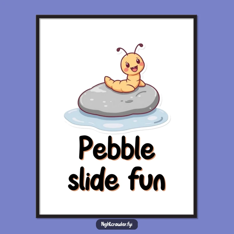 Funny Worm Sliding Digital Art Print - Whimsical Worm Pebble Slide Joy