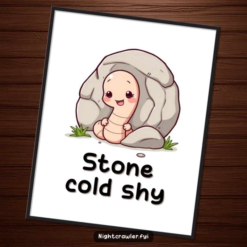 Funny digital art print of a shy earthworm peeking from behind a pebble, perfect for adding instant gentle charm and humor.