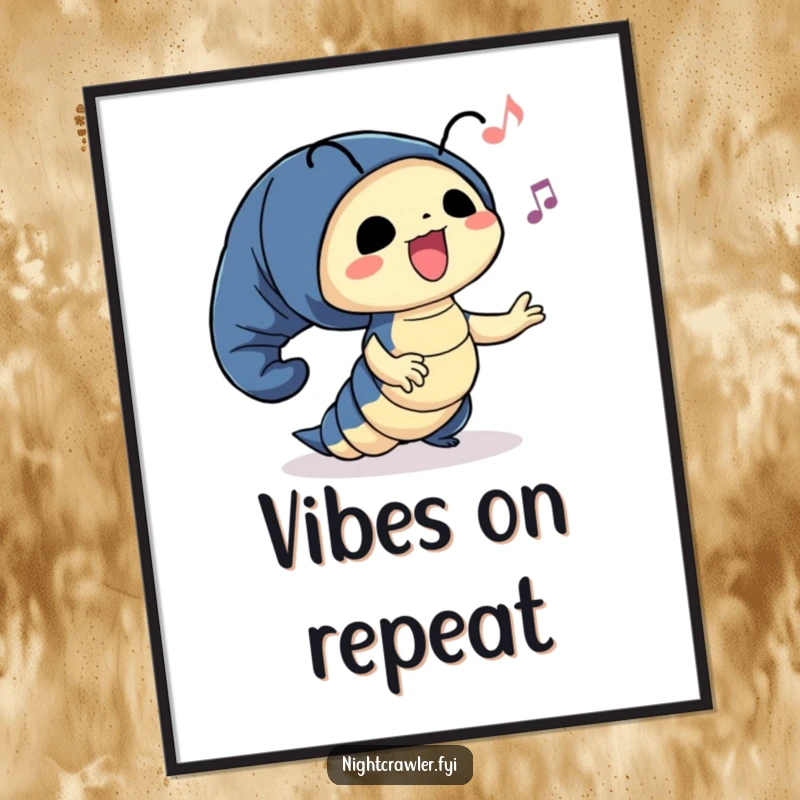 Funny digital art print of a cute night crawler character happily swaying and dancing to imaginary music.