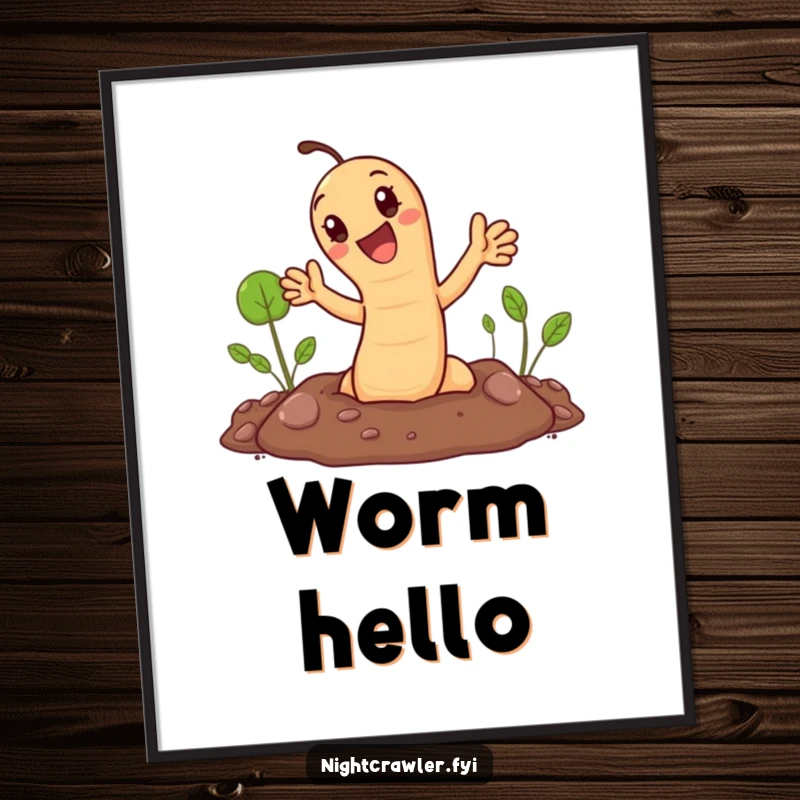 Funny digital art: cute earthworm popping out of the ground and waving. High-resolution cheerful decor.