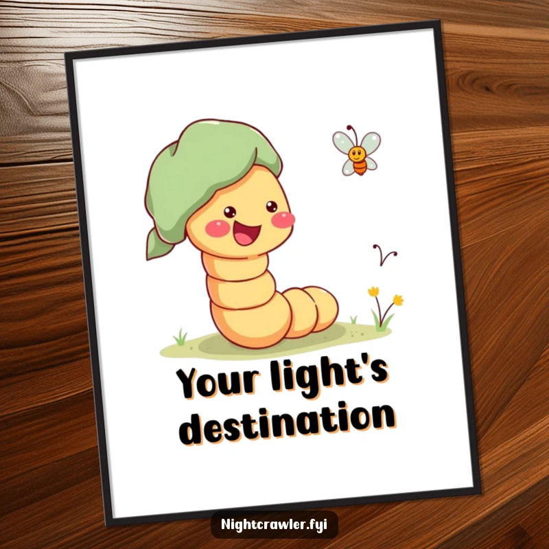 Funny Digital Art Print of a cheerful worm enthusiastically guiding a lost firefly home, ready for instant décor.