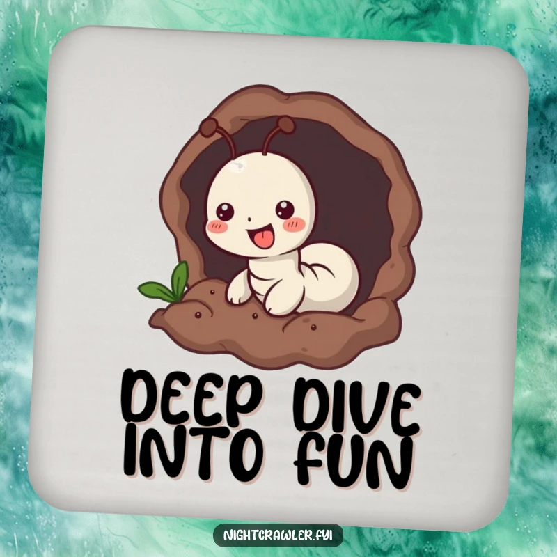 Funny drink coaster featuring a small worm character joyfully burrowing into soft, dark earth, a protective and comforting accent.