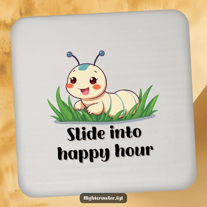 Funny drink coasters featuring a cheerful night crawler sliding down a dewy blade of grass, adding playful charm to surfaces.