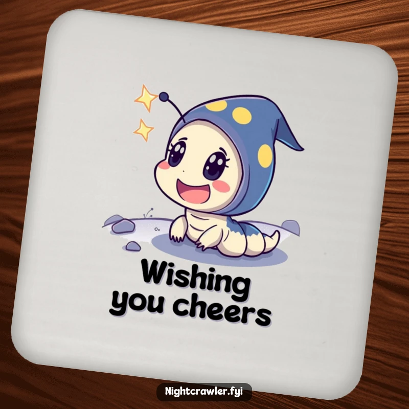 Funny coasters with a night crawler character displaying exaggerated surprise at a shooting star, adding cosmic fun.