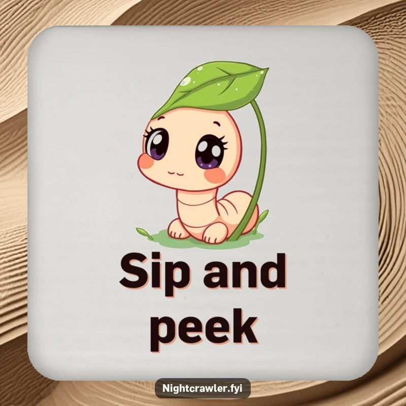 Funny drink coaster showing a cute worm character peeking from a dewy leaf, offering funny protection with garden charm.