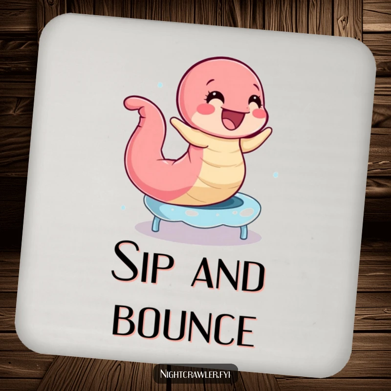 Funny Earthworm Trampoline Coaster: Joyful worm bouncing on a dewdrops trampoline, protecting your table, a humorous coaster.