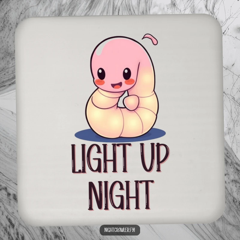 Funny drink coaster showing a glowing worm character playfully wiggling its body in the dark, adding a magical touch.