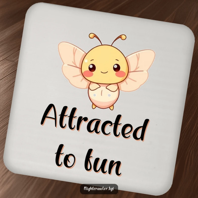 Funny moth drink coaster featuring a happy character fluttering around a soft, gentle light source, adding a touch of whimsy.