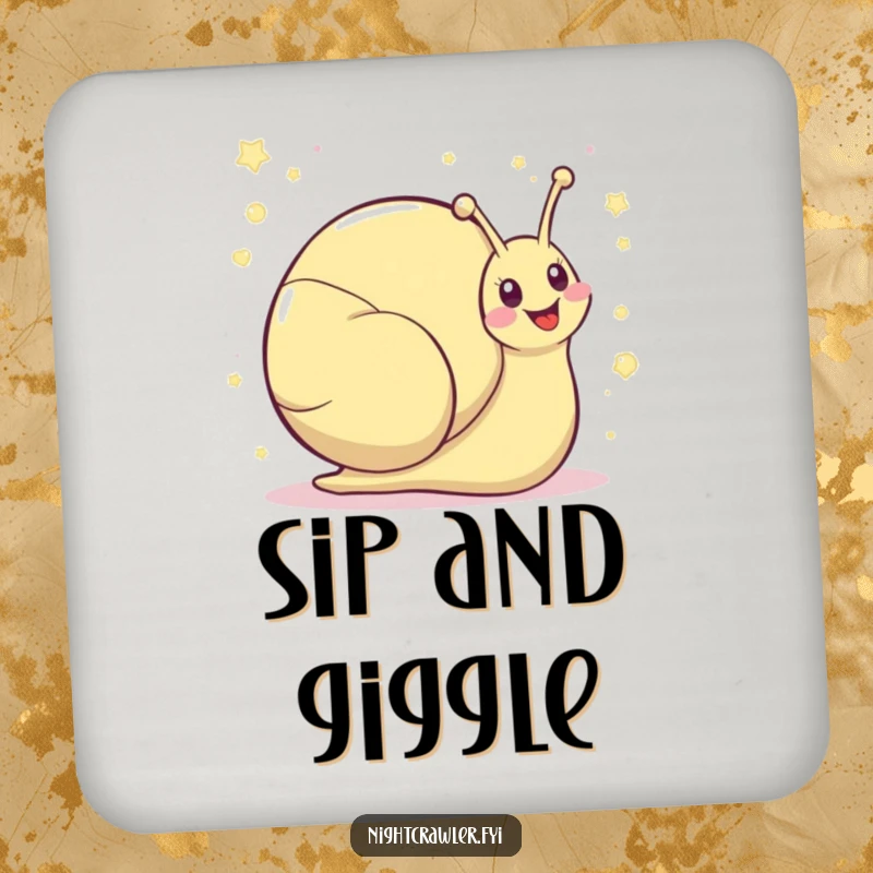 Funny kawaii snail coaster with a cute snail character leaving a shimmering trail of giggles, ideal for protecting surfaces.