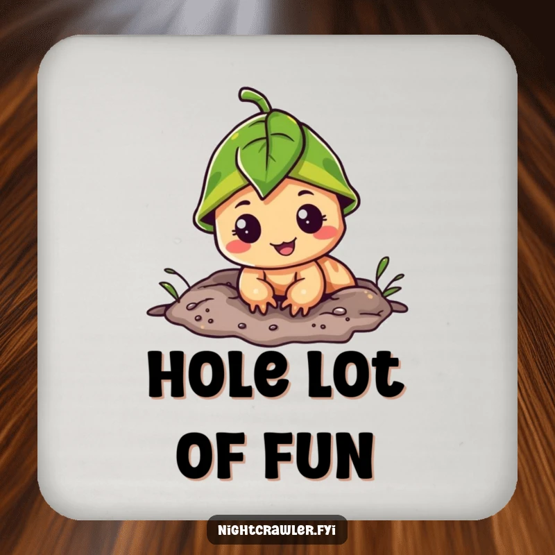 Funny coaster featuring a cheerful night crawler in a leaf cap, peeking from its burrow, ready to guard your drinks.