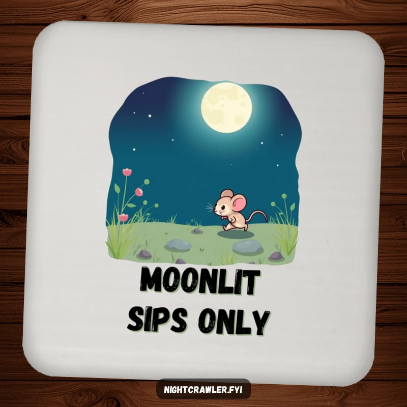 Funny coaster showcasing a small mouse playfully running across moonlit ground, adding whimsical protection.