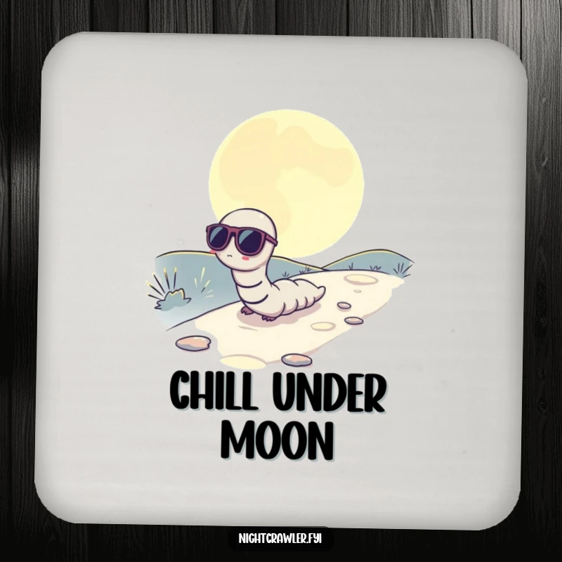 Funny drink coaster showing a worm wearing sunglasses, slowly inching across a moonlit path, adding cool vibes.