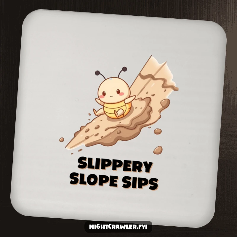 Funny drink coaster with a cute buggy character gleefully sliding down a muddy slope, protecting surfaces with humorous messy fun.