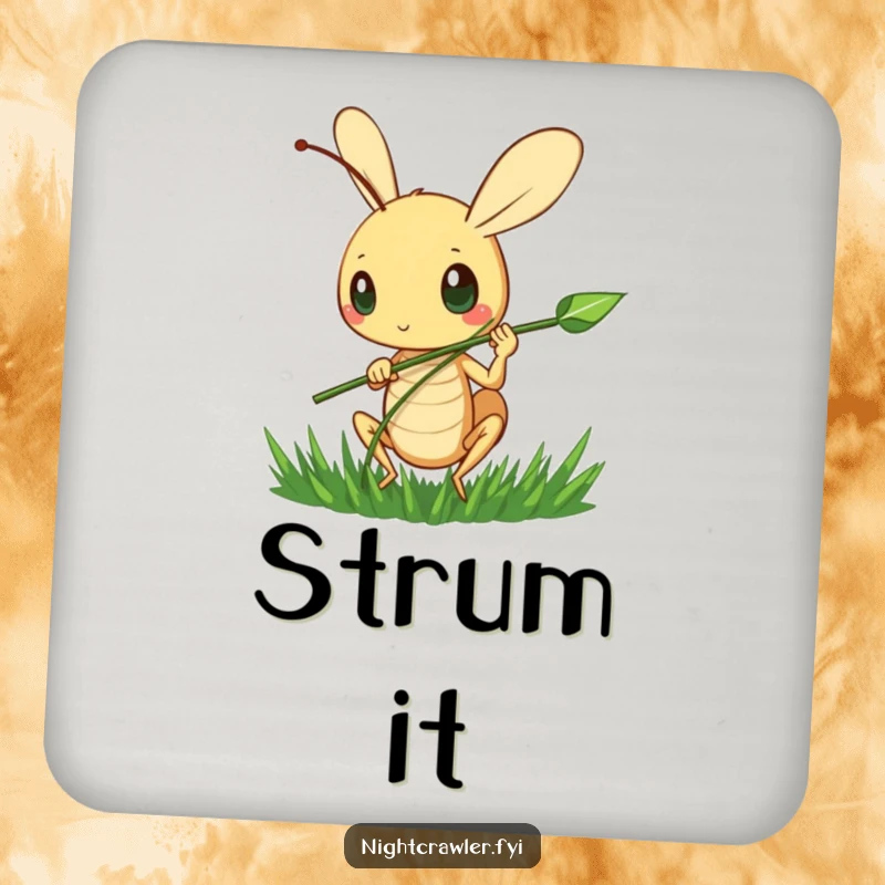 Funny Musical Note Coaster: A cute cricket character happily strums a blade of grass, a humorous and functional accessory.