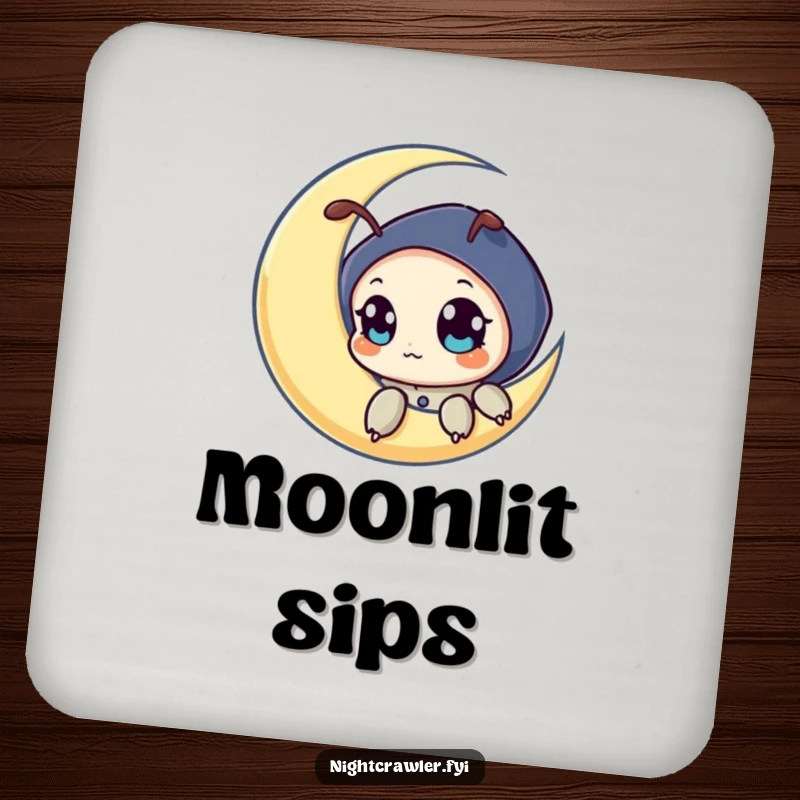 Funny drink coaster with a night crawler character peeking from a crescent moon, adding celestial humor to tabletops.
