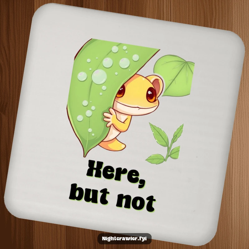 Funny Gecko Coaster featuring a shy gecko character peeking from behind a dew-covered leaf, adding humorous, protective charm to any table.