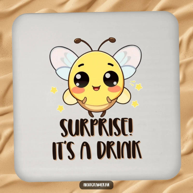 Funny drink coaster featuring a playful firefly character blinking its light in a surprise pattern, adding a touch of wonder.